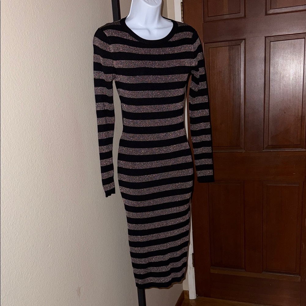 MICHAEL Michael Kors Black and Gold Metallic Striped LS Dress Women’s Size XS
